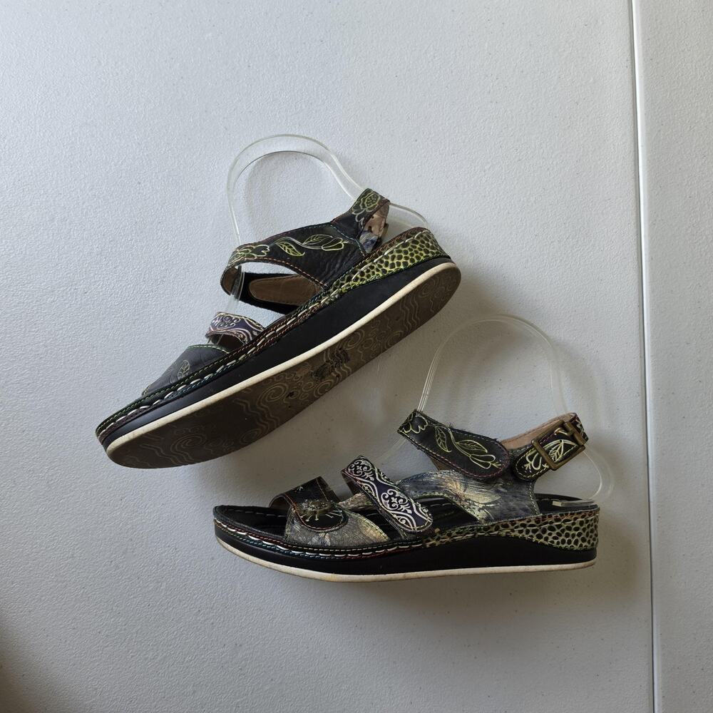 Spring Step Suzanne Sandals Womens Size 6.5 Black Leather Floral Wedge Comfort